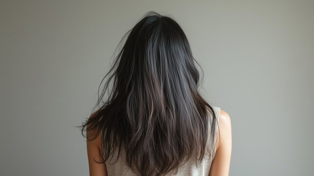A back-view portrait of an Asian young woman with long, messy, unbrushed hair, showing visible split ends and frizz