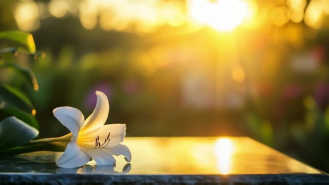 A stunning white lily rests on a gravestone surface, illuminated by golden sunlight during the evening. The garden setting creates a peaceful atmosphere filled with natural beauty