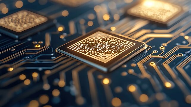 Closeup of Golden Microchip with QR Code on Circuit Board