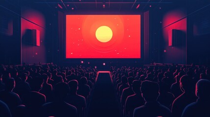 Audience Watching Theatrical Performance With Bright Colorful Screen In Large Auditorium Setting