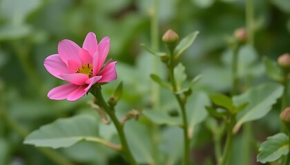 Obraz premium Enchanting pink dahlia blooms amidst verdant foliage in a serene garden view