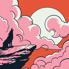 Mystical wolf silhouette designs in nature scenes with spiritual, emotional and tribal elements vector illustration