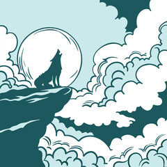 Mystical wolf silhouette designs in nature scenes with spiritual, emotional and tribal elements vector illustration