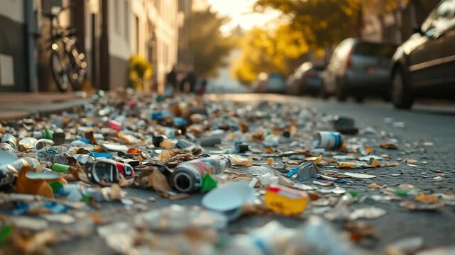 A busy urban street covered in litter during the evening. Drink cans and trash scatter across the pavement, highlighting the growing issue of waste management and environmental impact in cities