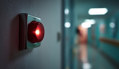 Red Emergency Light Illuminates Hospital Corridor, Signaling Urgent Situation Immediately