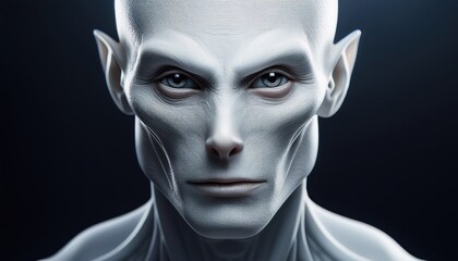Pale Alien Portrait: A close-up portrait of a pale alien with striking features, including pointed ears and intense eyes, set against a dark background.
