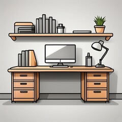 Stylish workspace with desk, computer, books, and lamp.