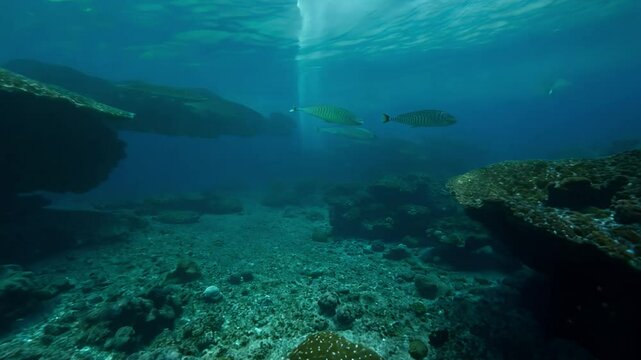The camera zooms out to capture a serene tableau of electric rays gliding over a textured ocean floor, ambient light