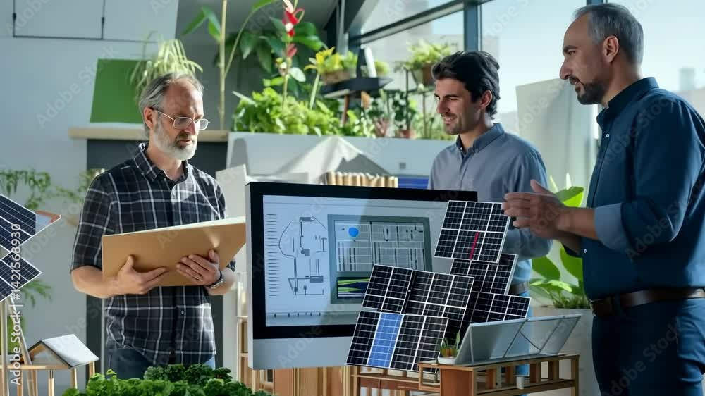 Aufkleber three professionals collaborate in a sunlit office space, examining a model home with solar panels. 
