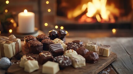 Delicious assorted chocolates and sweets by the warm fire, creating a cozy atmosphere for sweet moments.