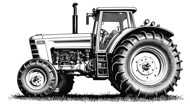 cartoon tractor engrave hand drawn line,black and white, chart, engine, engineering, horizontal, mechanic, no people, photography, science, sketch, steam, transportation, wheel,