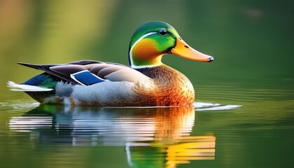 Obraz premium Mallard Duck on a Serene Lake: A vibrant male mallard duck floats gracefully on a calm lake, its iridescent green head and colorful plumage reflecting in the still water.