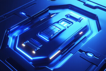 Obraz premium Futuristic blue metallic surface glowing panel technology design abstract background
