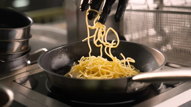 The chef's hand throws spaghetti into the pan in slow motion, the process of cooking pasta carbonara  
