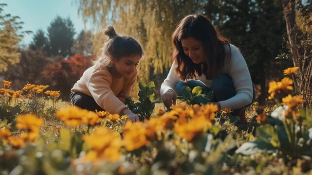 A mother and her daughter enjoy quality time together in a colorful garden. They are planting flowers amidst yellow blooms, surrounded by lush greenery on a beautiful autumn day