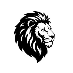 Fototapeta premium A bold black silhouette vector icon of a lion head, with a large mane, rounded ears, and a strong jawline