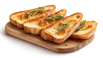 An appetizing arrangement of gourmet toast topped with herbs on a wooden board, showcasing culinary creativity and the simple pleasures of homemade food in a rustic setting.