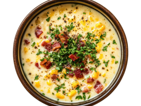 Creamy corn chowder, topped with crispy bacon and fresh herbs.