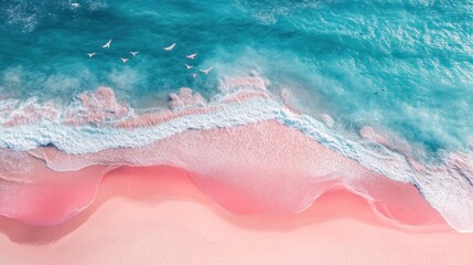 Pink beach with birds flying