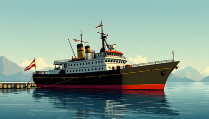 Fototapeta premium Ship moored at harbor near mountain, one line art. White tone
