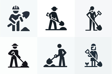 Worker Digging with Shovel Icon Set