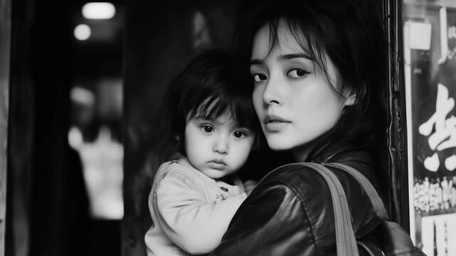 A asian mother gently holds her child while navigating a bustling urban environment. The close-up highlights their connection and emotional bond in a city backdrop, nostalgic feeling