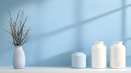 Pastel Blue Room Decor with White Vases and Flower Branches