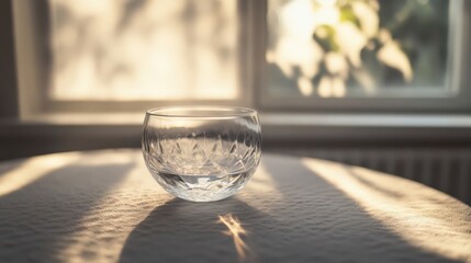 A crystal bowl glistens in warm sunlight, casting soft shadows on a white table with a window view.