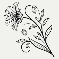 Black and white floral vector design with ornate leaf and swirl elements for decoration