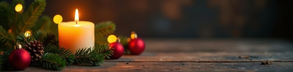 Burning candle illuminates natural Christmas decor on aged wood , warm, flame, berry