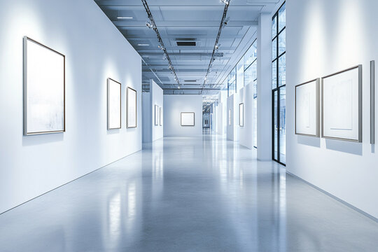 Modern art gallery interior white walls minimalist design empty frames shiny floor natural light