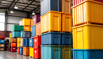 Fototapeta premium Colourful Plastic container box Stack Storage Warehouse Logistic business, studio lighting. White tone