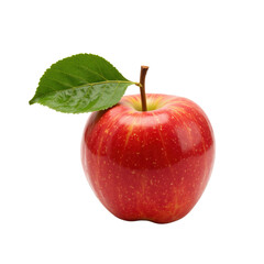 A fresh red apple with a green leaf attached, isolated on a transparent background.