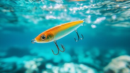 Naklejka premium Underwater fishing lure, ocean backdrop, angling