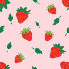A delightful seamless pattern featuring vibrant red strawberries with green leaves scattered across a soft pink background. The strawberries are illustrated in a playful, cartoon like style, creating 