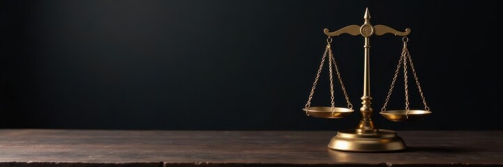 Golden scales of justice on dark wood, black backdrop, verdict, dark background
