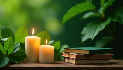 Green foliage, burning candles, stacked books, bright backdrop , tabletop, herbal, light