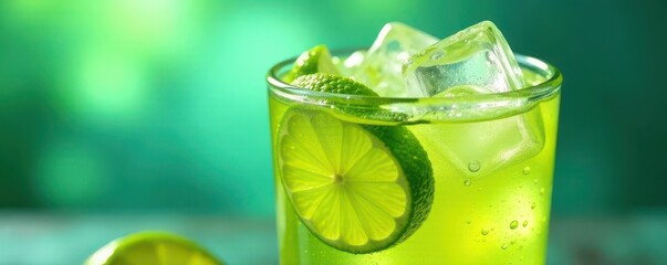 Ice cubes clinking in lime soda; condensation on glass, photography, cool, quench