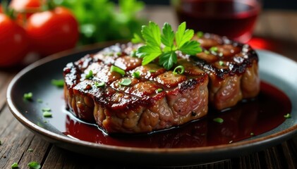 Juicy grilled ribeye steak, red wine reduction, herbs , meat, food
