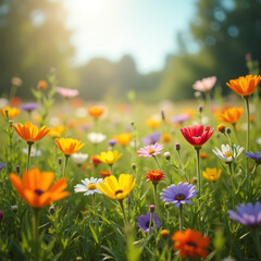 Naklejka premium Champ de fleurs multicolores au soleil, ambiance légère et printanière en pleine nature