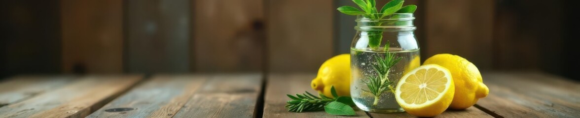 Rustic mason jar, lemon, rosemary, water, natural repellent, summer, eco, closeup