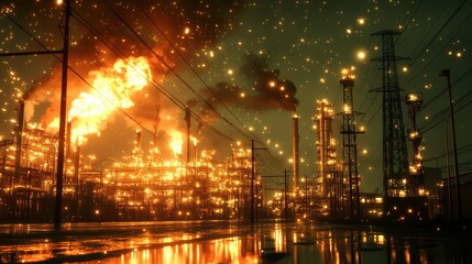 Dramatic Night Scene of Fire and Smoke in Industrial Area