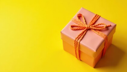 Obraz premium Square gift, twine tied, yellow background, muted palette, beige, tones, muted