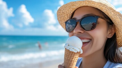 Smiling woman enjoying ice cream cone on tropical beach vacation