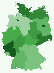 Obraz premium Map of Germany with regions. Just a simple country border map with region division. Green color palette. Flat Germany shape with administrative division. Vector illustration.