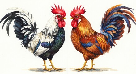 Fototapeta premium Beautifully detailed watercolor illustration of two majestic roosters facing each other, showcasing their vibrant plumage