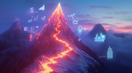 Data-Driven Ascent, Mountain Peak with Chart Overlays Symbolizing Success