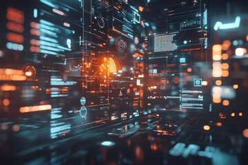 Fototapeta premium Futuristic digital data streams flow through a cyberspace landscape showing complex code and information