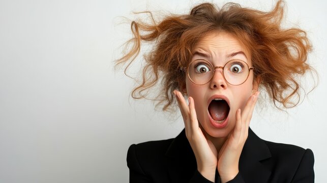 An expression of shock captures a woman with curly hair, wearing a black suit while gasping in surprise, her excitement reflecting through her wide-open eyes and mouth.