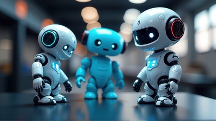 Obraz premium Three cute toy robots with led faces in industrial setting.